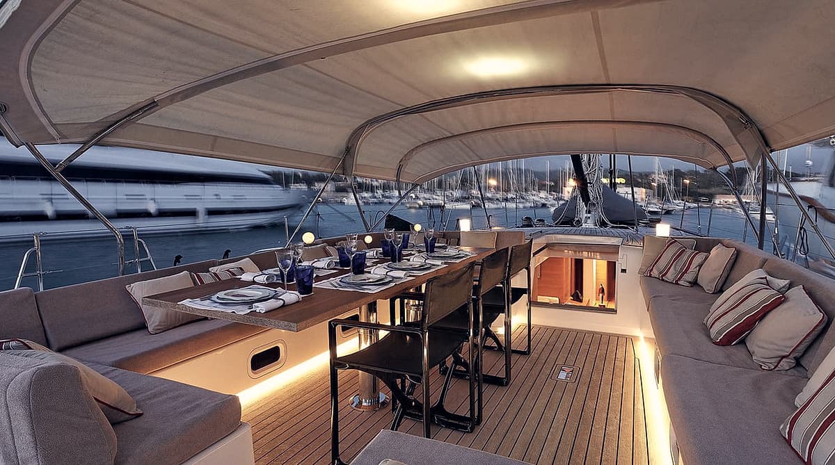 The outside deck aboard Sailing Yacht Freebird